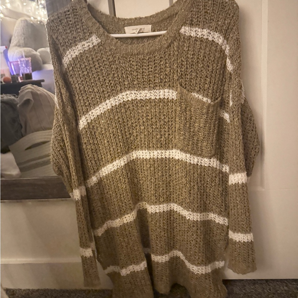 Free People Tan and White Crew Neck Sweater with Organic Stripes